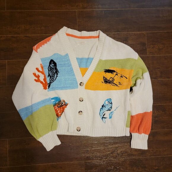 Anthropologie Pilcro Icon Graphic Cardigan Sweater Womens S Coastal Fisherman - Picture 2 of 8